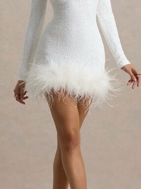 White Feather-Trim Long Sleeve Mini Dress
